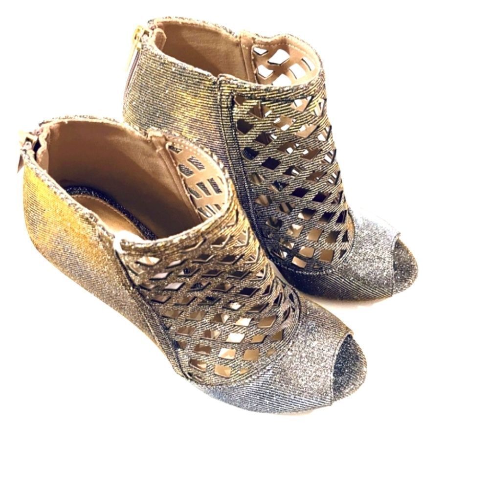 Glitter Caged Bootie Heel Iridescent Gold & Silver Gold Zipper Backs US 6